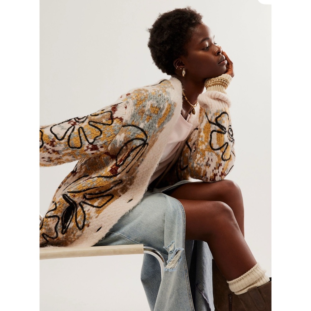 Free People Alexis Floral Knit Cardigan - Cream and Brown